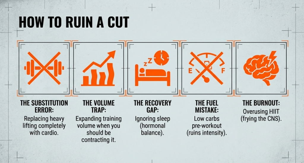 Infographic listing cutting mistakes including replacing heavy lifting with cardio, excessive volume, poor recovery, low pre-workout carbs, and overusing HIIT.