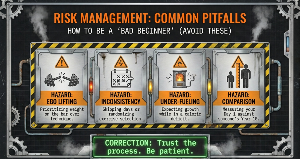 Risk management infographic showing beginner powerlifting mistakes like ego lifting, inconsistency, under-fueling, and unhealthy comparison.