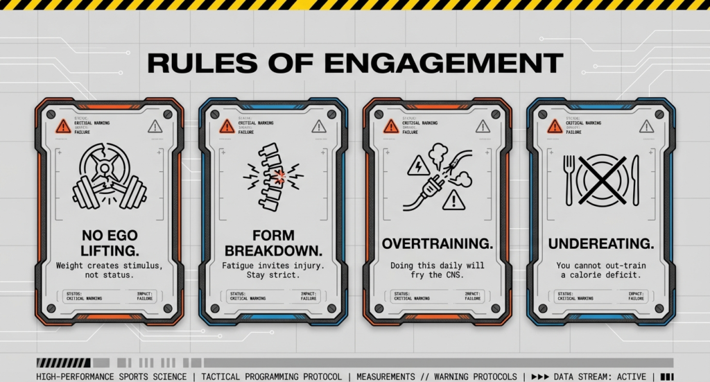 Infographic listing training warnings including no ego lifting, prevent form breakdown, avoid overtraining, and prevent undereating.