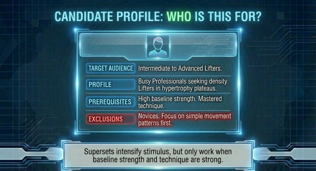 Infographic explaining the ideal candidate profile for superset training, including experience level, prerequisites, and exclusions.