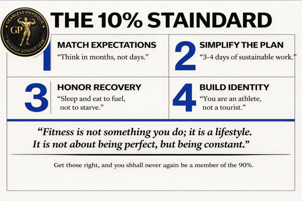Infographic titled “The 10% Standard” showing four core fitness principles—matching expectations, simplifying training, honoring recovery, and building identity—with the Gearless Physique logo displayed in the top left corner.