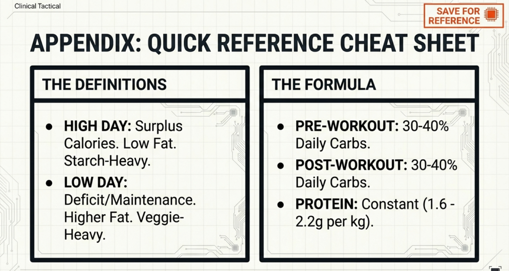 Quick reference infographic defining high and low carb days with pre-workout and post-workout carb percentages and recommended protein intake per kilogram.