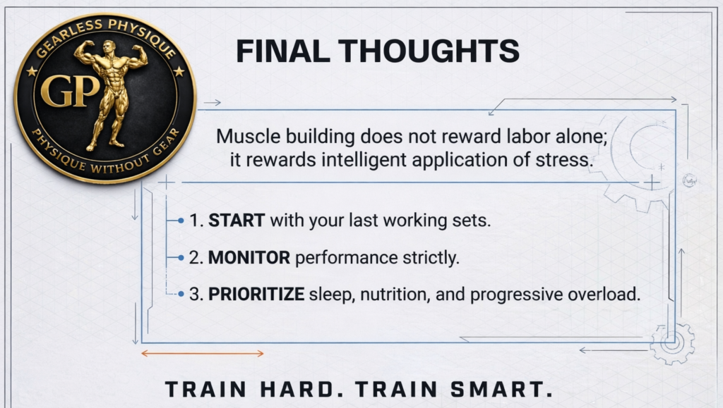 Motivational infographic with Gearless Physique logo emphasizing starting with last working sets, monitoring performance, and prioritizing recovery.