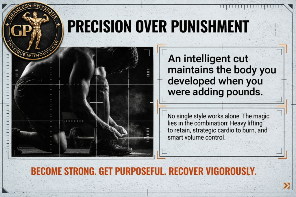 Motivational fitness graphic with Gearless Physique logo and message emphasizing intelligent cutting through heavy lifting, strategic cardio, and volume control.