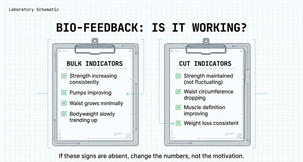Checklist comparison of bulk indicators (strength up, pumps improving, weight trending upward) and cut indicators (waist dropping, muscle definition improving).