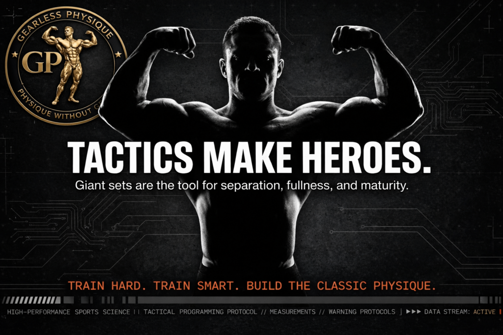 Silhouette of muscular bodybuilder flexing with Gearless Physique logo and text promoting giant sets for separation and fullness.