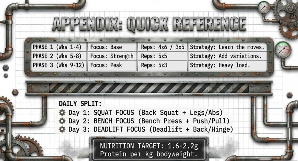 Quick reference table summarizing a 12-week powerlifting plan, including phases, rep schemes, training split, and nutrition targets.