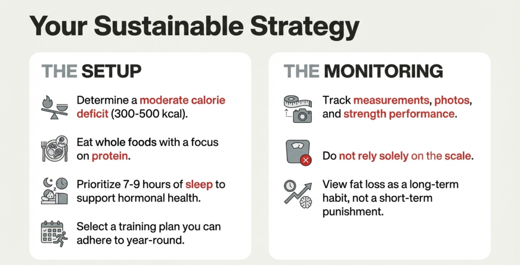 Step-by-step fat loss framework showing calorie deficit setup, protein focus, sleep, training, and progress tracking.