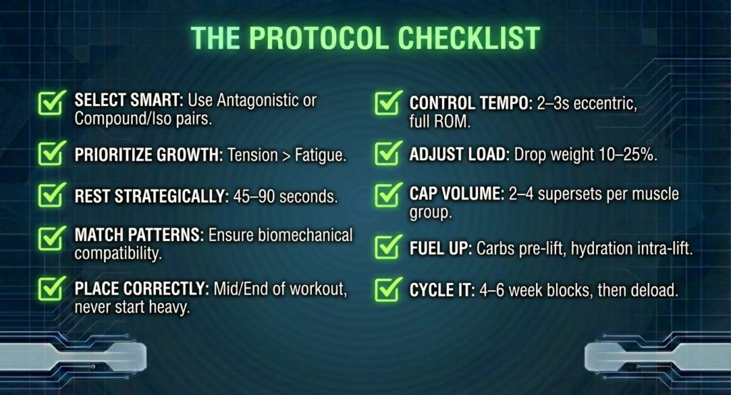 Checklist outlining proper superset execution including load adjustment, rest timing, tempo control, volume limits, and nutrition.