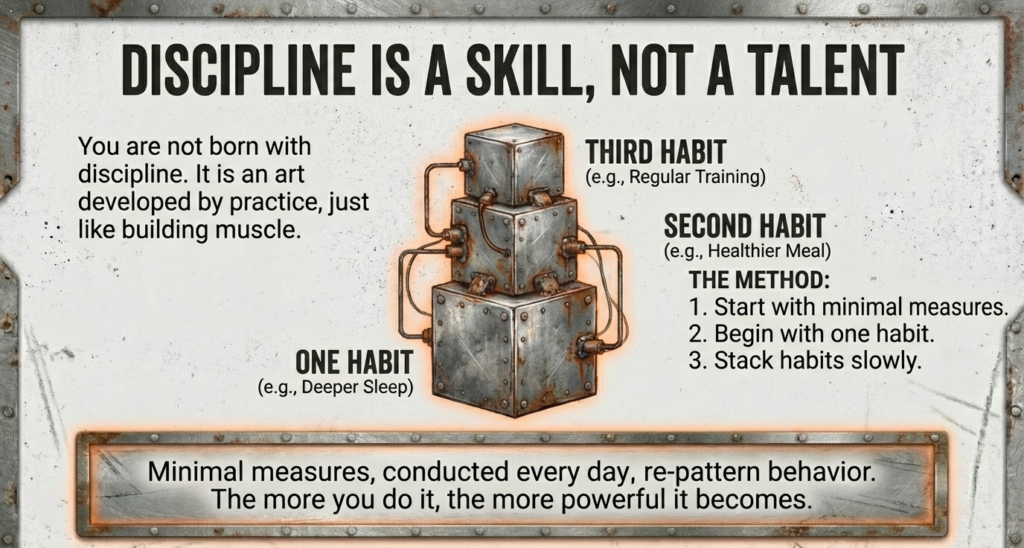 Illustration showing discipline being built through small daily habits stacked over time, similar to muscle development.