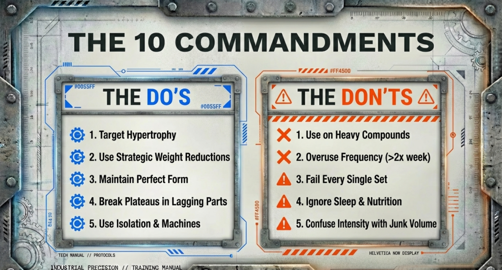 List of drop set do’s and don’ts including target hypertrophy, maintain form, avoid heavy compounds, and prevent overuse.