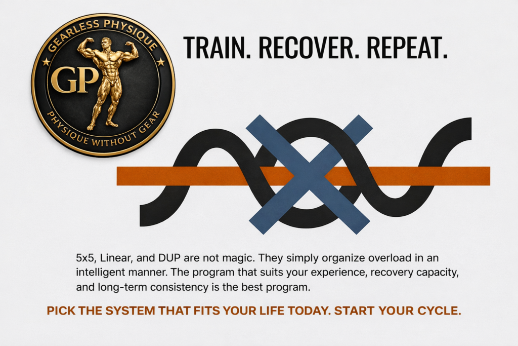 Motivational strength training graphic featuring the Gearless Physique logo and the phrase Train. Recover. Repeat.