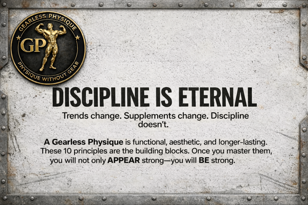 Motivational image showing the Gearless Physique logo and message that discipline outlasts trends, supplements, and shortcuts.
