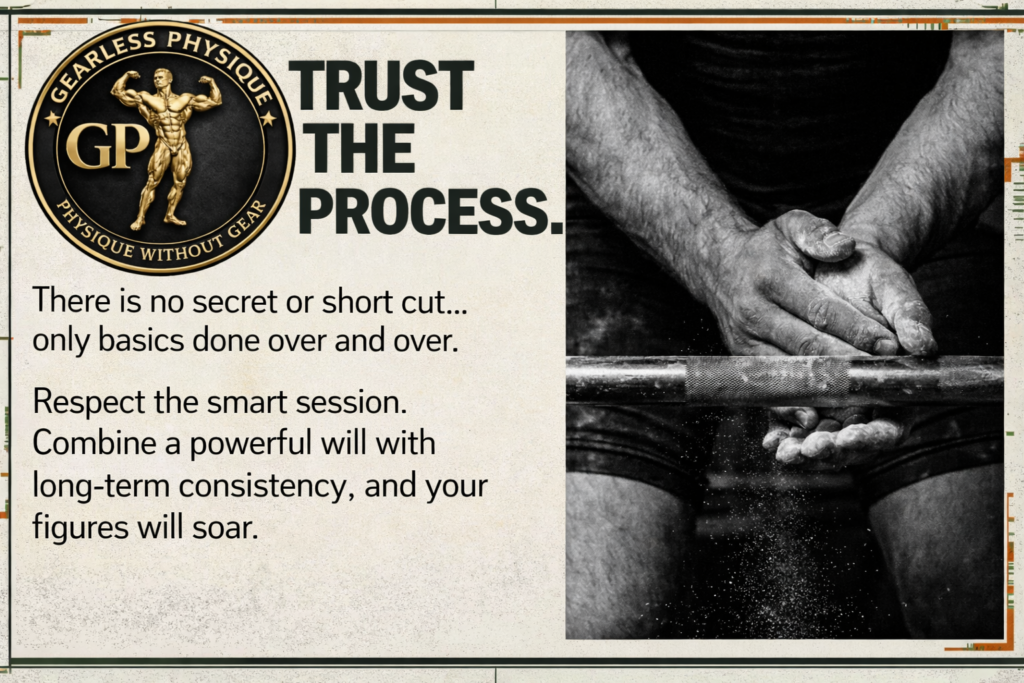 Motivational strength training image featuring the Gearless Physique logo and a lifter gripping a barbell with chalked hands.