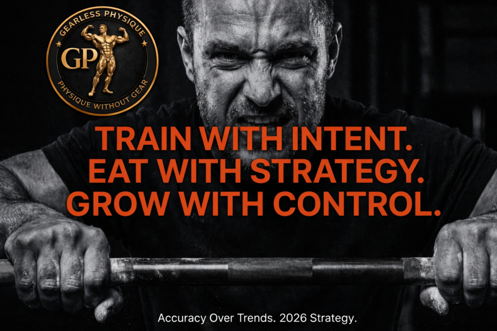 Black and white motivational fitness image of a muscular man gripping a barbell with bold red text emphasizing strategic training and nutrition for 2026.
