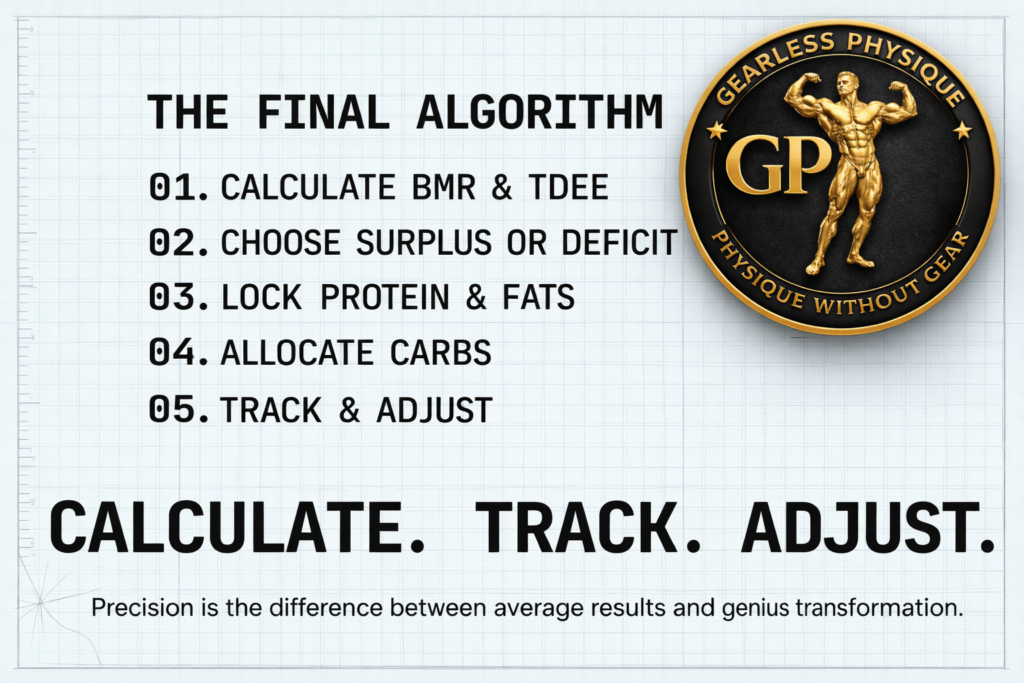 Minimalist infographic titled “The Final Algorithm” outlining five steps—calculate BMR and TDEE, choose surplus or deficit, lock protein and fats, allocate carbs, and track and adjust—with the Gearless Physique gold circular logo in the top right corner.