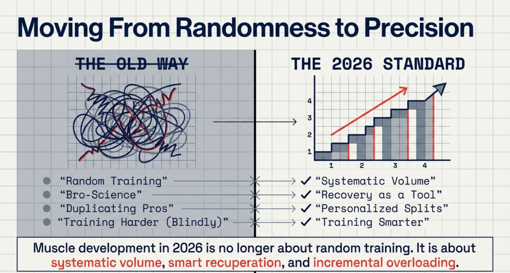 Comparison graphic showing old random bodybuilding training versus the 2026 standard of systematic volume, recovery as a tool, personalized splits, and progressive overload.