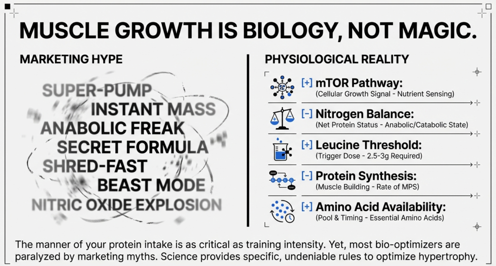 Infographic contrasting marketing claims like “super pump” and “instant mass” with scientific factors such as mTOR pathway, nitrogen balance, leucine threshold, protein synthesis, and amino acid availability.