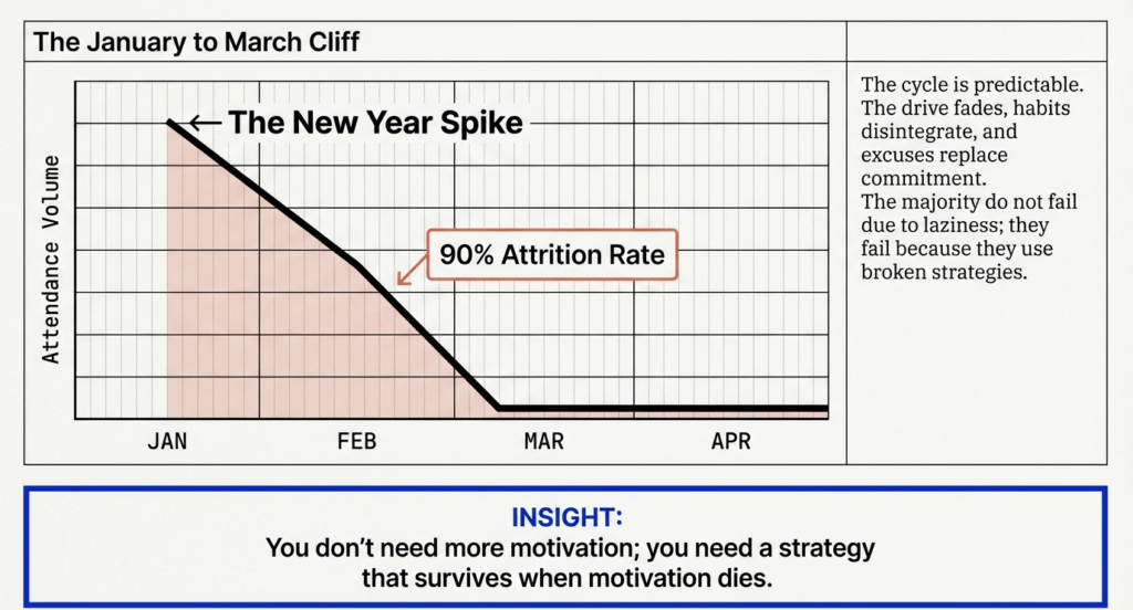 Graph showing gym attendance spiking in January and dropping sharply by March, highlighting a 90 percent attrition rate due to fading motivation and broken habits.