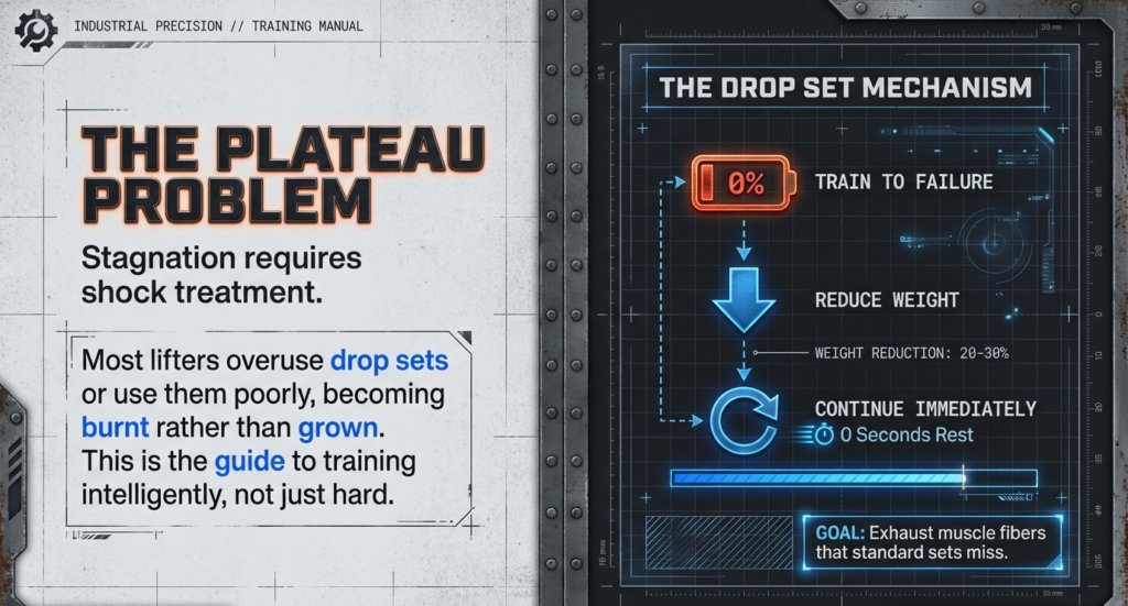 Infographic explaining plateau in training and showing drop set mechanism with 20–30 percent weight reduction and zero rest.