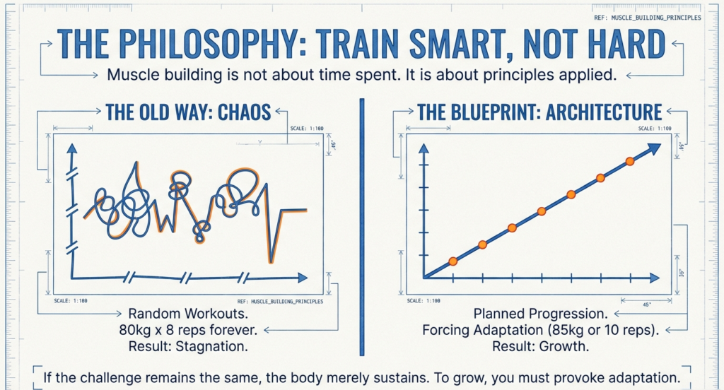 Comparison infographic showing chaotic random workouts versus structured progressive training for consistent muscle growth.