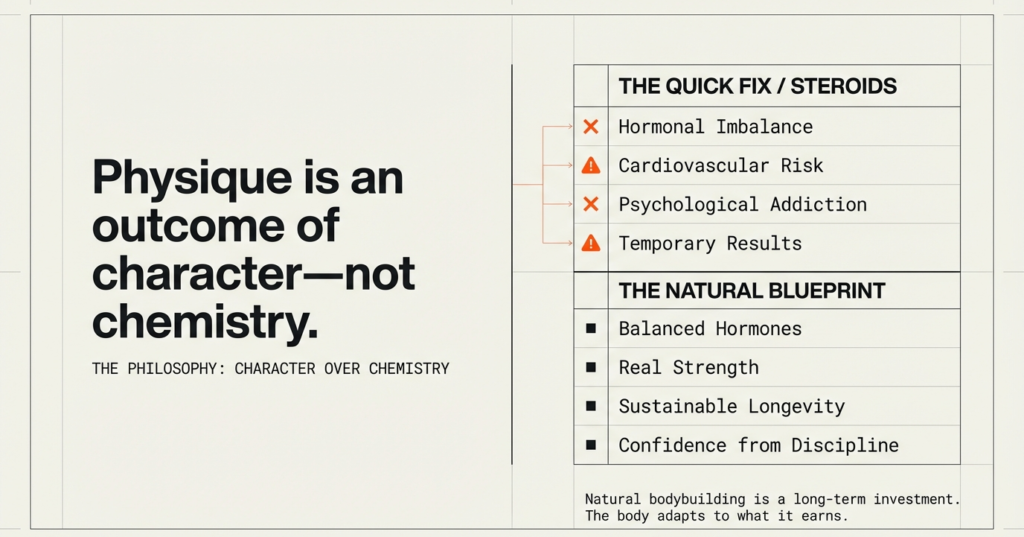 Comparison chart showing risks of steroids versus benefits of natural bodybuilding including balanced hormones, real strength, and longevity.