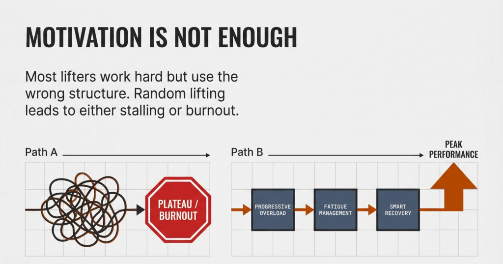 Diagram showing random training leading to plateau and burnout versus structured progressive overload leading to peak performance.