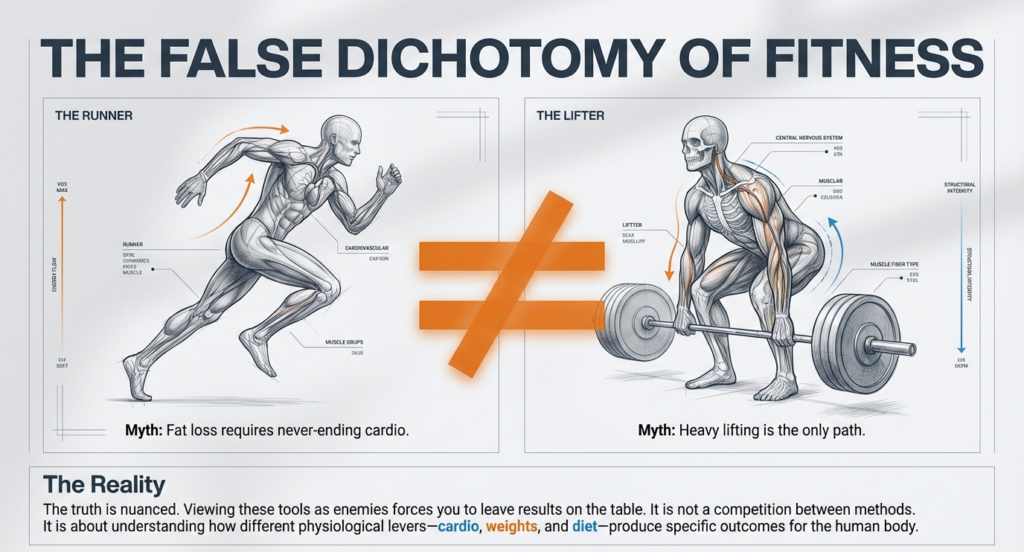 Illustration showing a runner and a weightlifter separated by a not-equal sign, explaining that fat loss is not just cardio or heavy lifting alone.
