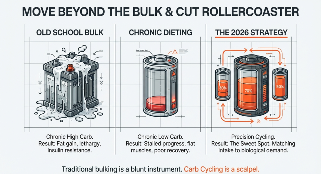 Comparison infographic showing old school bulking, chronic dieting, and precision carb cycling strategy with performance-based intake adjustments.