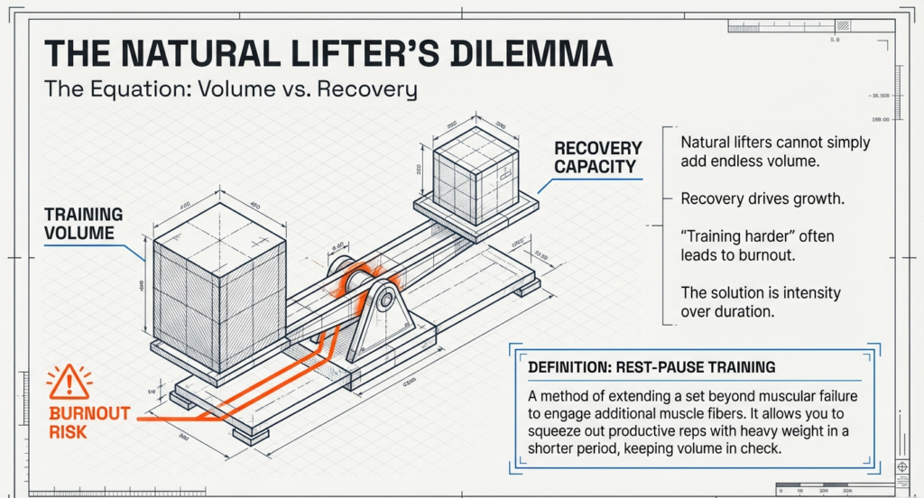 Infographic showing the balance between training volume and recovery capacity for natural lifters, highlighting burnout risk and defining rest-pause training.