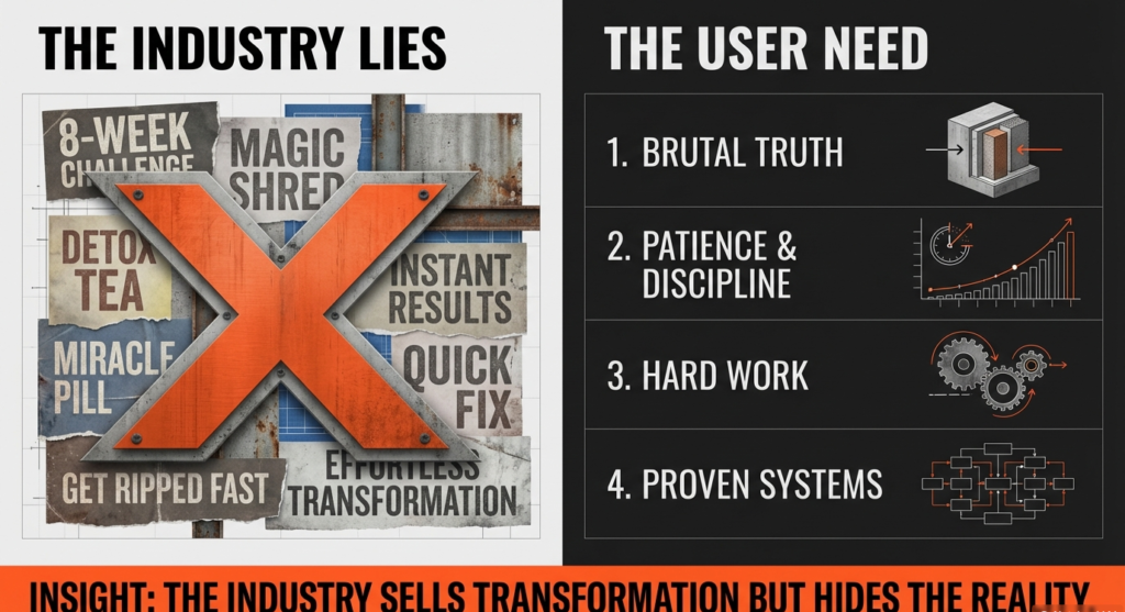 Split graphic showing “The Industry Lies” with quick-fix promises crossed out, contrasted with “The User Need” listing brutal truth, patience, hard work, and proven systems. 10 fitness reality checks, The truth about sustainable fitness