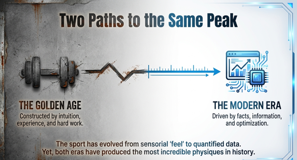 Graphic comparing the Golden Age of bodybuilding driven by intuition and the Modern Era driven by data, analytics, and optimization.