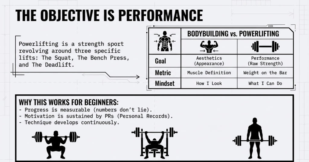 Infographic explaining the objective of powerlifting, comparing bodybuilding and powerlifting goals, mindset, and performance metrics.