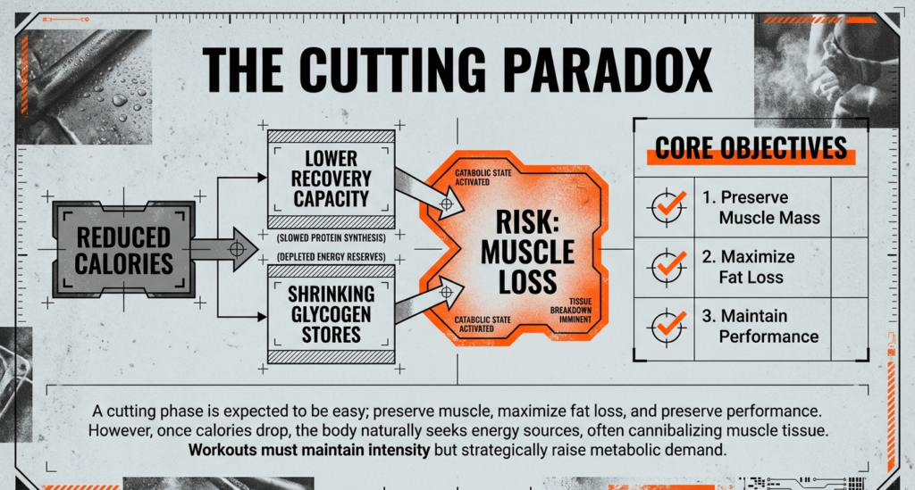 Infographic explaining the cutting paradox showing reduced calories leading to lower recovery capacity, shrinking glycogen stores, and increased risk of muscle loss.