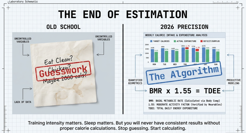 Split comparison graphic showing old-school calorie guesswork on one side and modern data-driven BMR and TDEE calculation on the other.