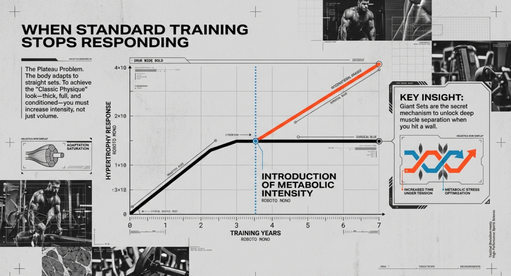 Graph showing muscle growth plateau over training years and increased hypertrophy after introducing metabolic intensity through giant sets.