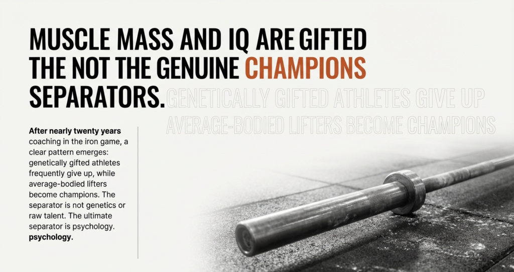 Bold typography stating that muscle mass and IQ are gifted, but psychology is the true separator, alongside a barbell resting on a gym floor.