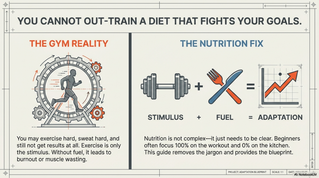 Comparison graphic showing gym effort alone versus combining training with proper nutrition for long-term progress.
