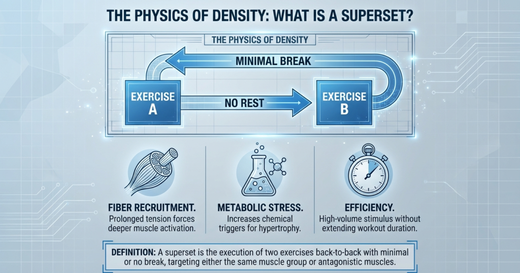 Diagram showing how supersets work by performing exercise A and exercise B back to back with minimal or no rest to increase muscle density.