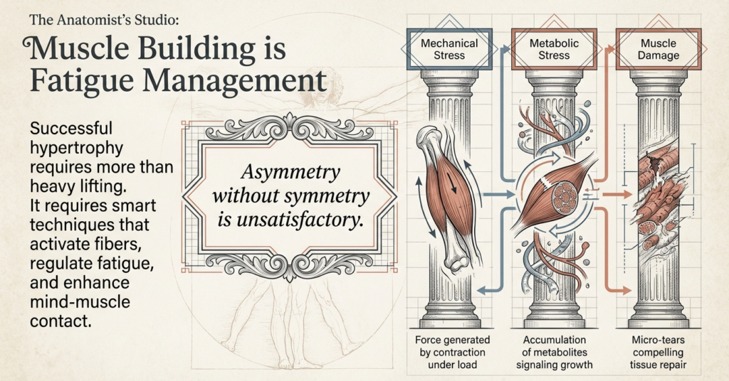 Diagram explaining muscle growth through mechanical stress, metabolic stress, and muscle damage with emphasis on fatigue management.