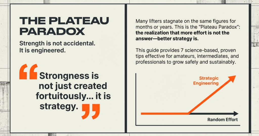 Infographic explaining the plateau paradox in strength training, showing how smarter strategy outperforms random effort over time.
