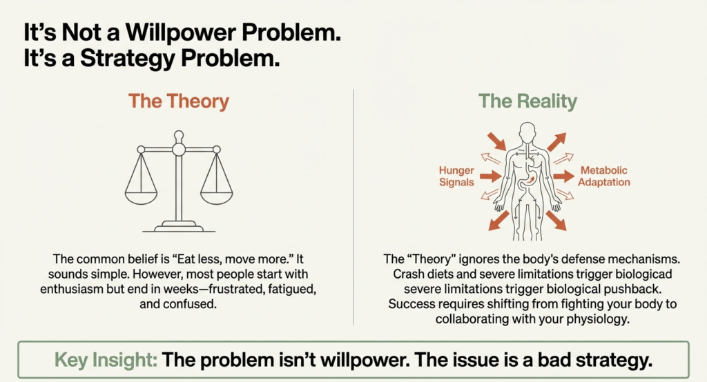 Comparison graphic showing fat loss theory versus biological reality, highlighting hunger signals and metabolic adaptation.