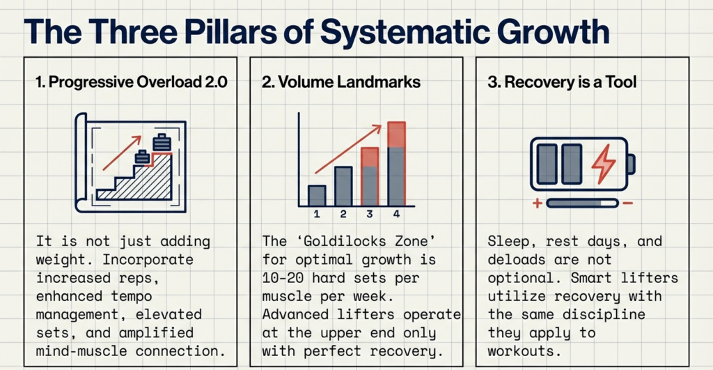 Infographic explaining the three pillars of hypertrophy: progressive overload 2.0, weekly volume landmarks of 10–20 hard sets, and recovery as a key muscle growth tool.