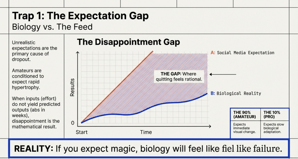 Chart comparing fast social media fitness expectations with slow biological progress, illustrating the disappointment gap where most people quit the gym.