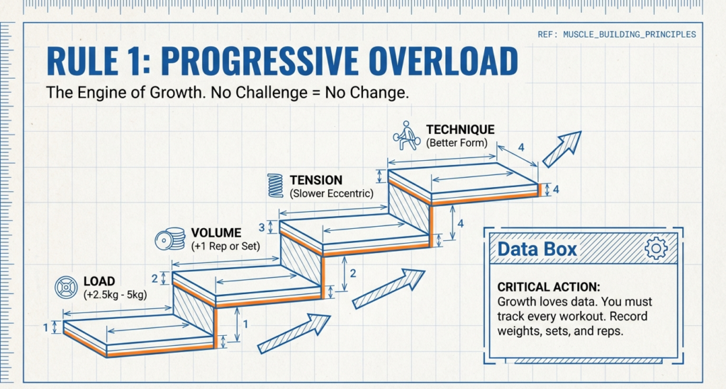 Step-by-step diagram illustrating progressive overload through increasing load, volume, tension, and improved technique.