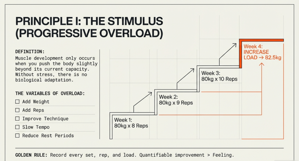 Step progression chart demonstrating weekly strength increases from 80kg reps to higher load, illustrating progressive overload in muscle training.
