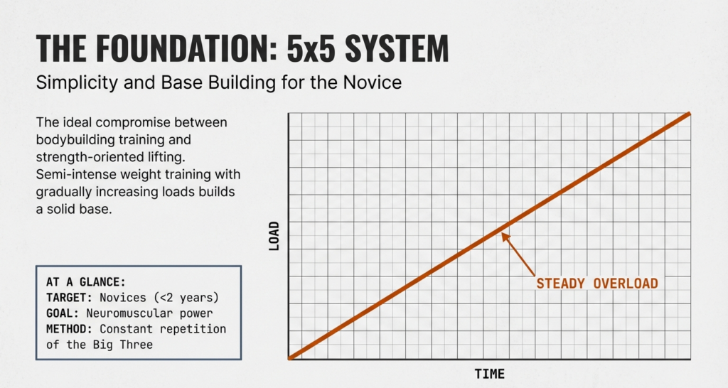 Graph illustrating steady linear load progression over time using the 5x5 strength training system for novice lifters.