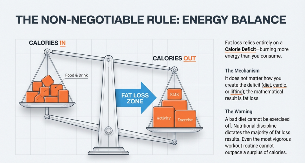 Scale graphic labeled “Calories In” vs “Calories Out” demonstrating calorie deficit as the key mechanism for fat loss.