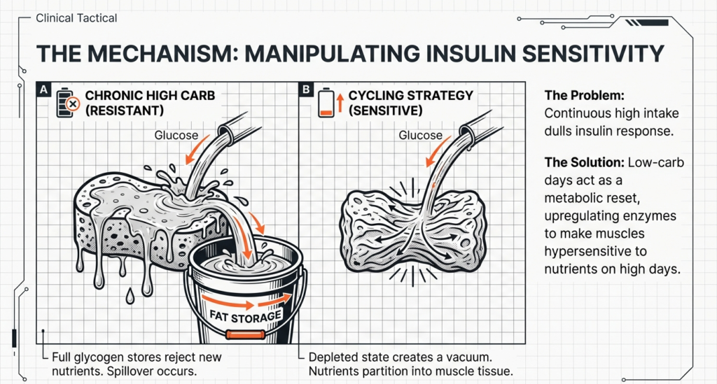 Diagram comparing chronic high-carb insulin resistance versus carb cycling insulin sensitivity with glycogen depletion and nutrient partitioning illustration.