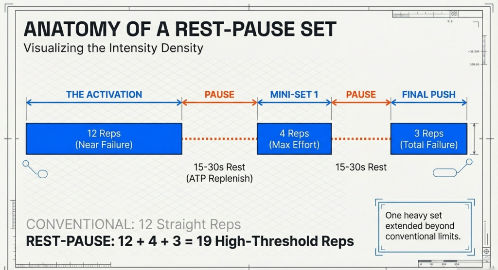 Diagram showing a rest-pause set structure with 12 near-failure reps, short rest, mini-set reps, and final push for maximum muscle fiber recruitment.